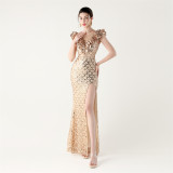 Sequined Ruffled Shoulder Sleeve Fishtail Slim Evening Dress for Formal Parties