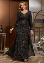Chiffon Patchwork Long Sleeve V-Neck Luxury Shiny Party Evening Dress