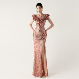 Sequined Ruffled Shoulder Sleeve Fishtail Slim Evening Dress for Formal Parties