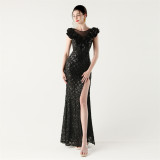 Sequined Ruffled Shoulder Sleeve Fishtail Slim Evening Dress for Formal Parties