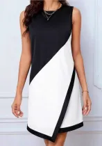 Sleeveless Round Neck Patchwork Contrast Color Spring Summer Casual Dress for Women