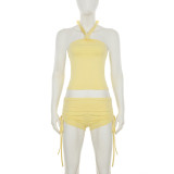 Summer Casual Sexy Knot Halter Neck Vest with Waist Drawstring Shorts Set