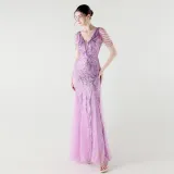 V-Neck Off-Shoulder Mesh Swing Luxury Slim Sequined Evening Dress