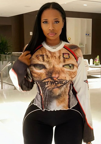 Street Style Round Neck Cat Face Letter Printed Long-Sleeved Top for Women