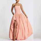 Strapless Solid Color Fashion Slit Maxi Dress for Women