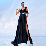 Women's Luxury One-Shoulder Slim Waist Sequin Slit Formal Party Evening Dress
