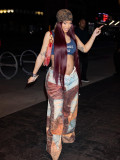 Denim Leather Print Wide-Leg Pants for Women