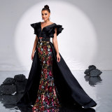 Women's Luxury Sleeveless V-Neck Slim Sequin Formal Fishtail Evening Dress