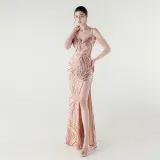 Elegant Deep V Strap Sequin Evening Dress