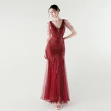 V-Neck Off-Shoulder Mesh Swing Luxury Slim Sequined Evening Dress