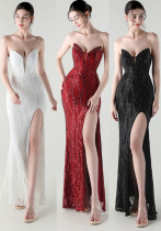 Fishbone Slim Waist Heart Neck Sequin Evening Dress Luxury Formal Party Gown