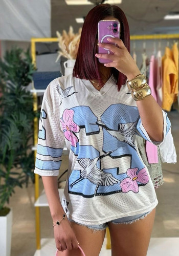 Summer Fashion V-Neck Short-Sleeved Print Top for Women