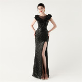 Sequined Ruffled Shoulder Sleeve Fishtail Slim Evening Dress for Formal Parties