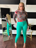 Printed Street Trend Slim Mesh Round Neck Pattern Top for Women