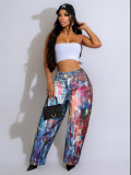Denim Leather Print Wide-Leg Pants for Women