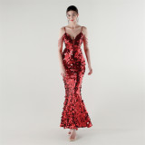 Tassel Sequined Deep V-Neck Low Back Fishtail Evening Dress for Summer Dinners