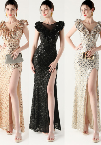 Sequined Ruffled Shoulder Sleeve Fishtail Slim Evening Dress for Formal Parties