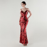 Tassel Sequined Deep V-Neck Low Back Fishtail Evening Dress for Summer Dinners