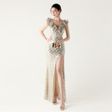 Sequined Ruffled Shoulder Sleeve Fishtail Slim Evening Dress for Formal Parties