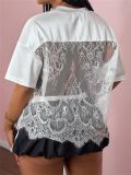 Printed Loose Casual Street See-Through Sexy Lace Patchwork Top for Women