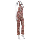 Spring Summer Sexy Leopard Print Tight-Fitting Halter Neck Low Back Butt Lift Jumpsuit