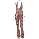 Spring Summer Sexy Leopard Print Tight-Fitting Halter Neck Low Back Butt Lift Jumpsuit