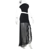 Ruffled Strapless Top Mesh Skirt Two Piece Set for Women