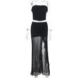 Ruffled Strapless Top Mesh Skirt Two Piece Set for Women