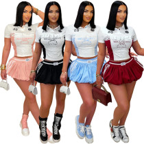 Women Lace Letter Print Button Casual Top and Skirt Two Piece Set