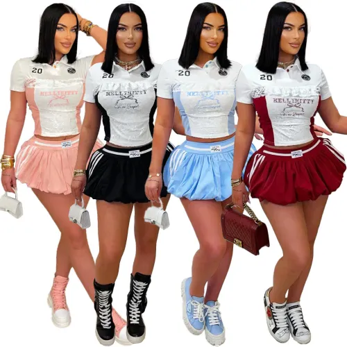 Women Lace Letter Print Button Casual Top and Skirt Two Piece Set