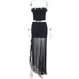 Ruffled Strapless Top Mesh Skirt Two Piece Set for Women