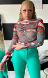 Printed Street Trend Slim Mesh Round Neck Pattern Top for Women