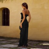 Ruffled Strapless Top Mesh Skirt Two Piece Set for Women
