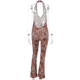 Spring Summer Sexy Leopard Print Tight-Fitting Halter Neck Low Back Butt Lift Jumpsuit