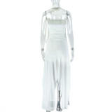 Women Solid Irregular Strapless Off Shoulder Lace-Up Maxi Dress
