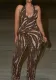 Women Elegant Sexy Tassel Print Halter Neck Lace-Up Jumpsuit