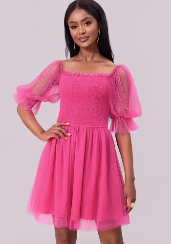 Women Formal Dress Off Shoulder Long Sleeve Pleated Mesh Dress