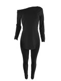 Women Patchwork Slit Long Sleeve Top And Pant Casual Two-piece Set