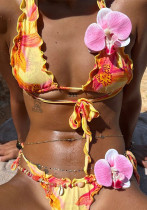 Women Spring Summer Sexy Halter Neck Lace-Up Flower Bikini Two-Piece Set