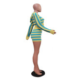 Women Casual Knitting Striped Long Sleeve Hooded Top and Shorts Two-Piece Set