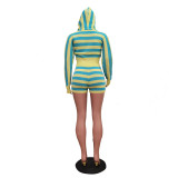 Women Casual Knitting Striped Long Sleeve Hooded Top and Shorts Two-Piece Set