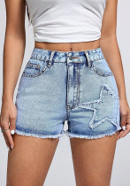 Women Casual Raw Edge Star Denim Shorts