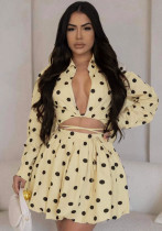 Women Elegant Polka Dot Print Lace-Up Top and Puff Skirt Two-piece Set