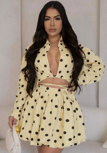 Women Elegant Polka Dot Print Lace-Up Top and Puff Skirt Two-piece Set