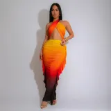 Women Gradient Print Pleated Crop Top and Skirt Two-Piece Set