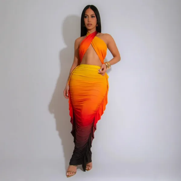 Women Gradient Print Pleated Crop Top and Skirt Two-Piece Set