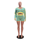 Women Casual Knitting Striped Long Sleeve Hooded Top and Shorts Two-Piece Set