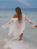 Women Solid Beach Sunscreen Button Casual Cover-up Shirt