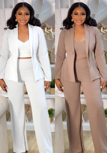 Women Elegant Career Pearl Turndown Collar Blazer Three-Piece