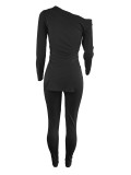 Women Patchwork Slit Long Sleeve Top And Pant Casual Two-piece Set